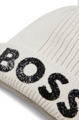 Kids' beanie hat in knitted cotton with glitter logo, White