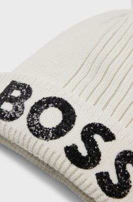 Kids' beanie hat in knitted cotton with glitter logo, Natural