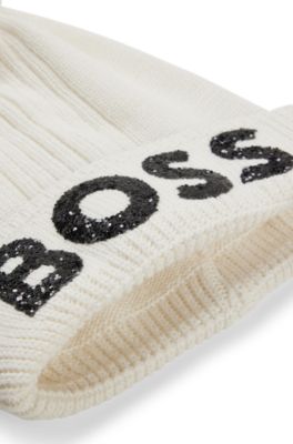 Kids' beanie hat in knitted cotton with glitter logo, White