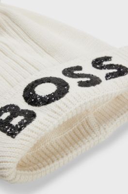Kids' beanie hat in knitted cotton with glitter logo, Natural