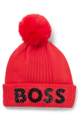 Kids' beanie hat in knitted cotton with glitter logo, Red