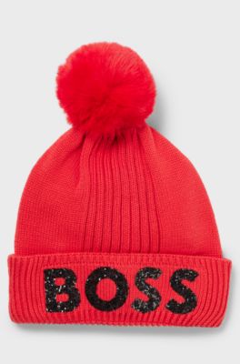 Kids' beanie hat in knitted cotton with glitter logo, Red