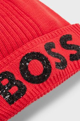 Kids' beanie hat in knitted cotton with glitter logo, Red