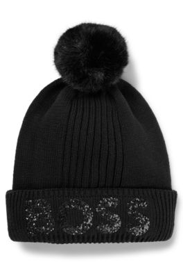 Kids' beanie hat in knitted cotton with glitter logo, Black