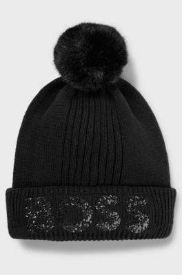 Kids' beanie hat in knitted cotton with glitter logo, Black