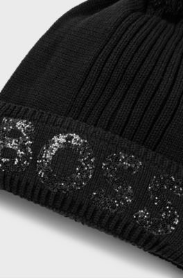 Kids' beanie hat in knitted cotton with glitter logo, Black