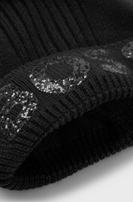 Kids' beanie hat in knitted cotton with glitter logo, Black