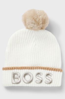 Kids' beanie hat with metallic-effect logo, White