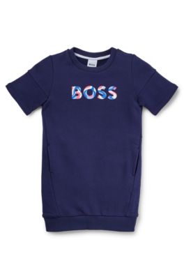 Vestido estilo camiseta para ni&ntilde;as en felpa de rizo con logo 3D , Azul oscuro