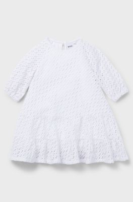 Kids' long-sleeved dress with monogram details, White