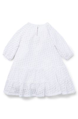 아동용 모노그램 디테일 롱 슬리브 드레스, 화이트