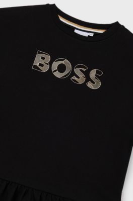 Vestito a maniche lunghe da bambina con grafica con logo, Nero