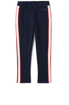 Leggings da bambino in jersey elasticizzato con righe laterali a contrasto, Blu scuro