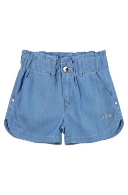 Kids' shorts with metallic logo and elasticated belt, Patterned