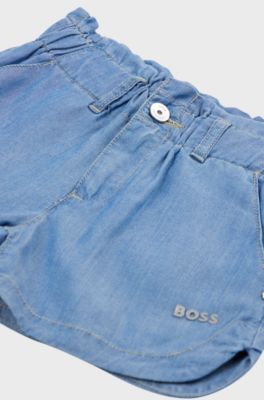 Kids' shorts with metallic logo and elasticated belt, Patterned