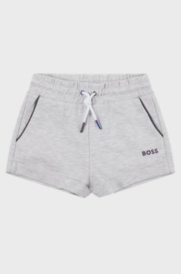 Kids' shorts with mesh pockets and printed logo, Light Grey