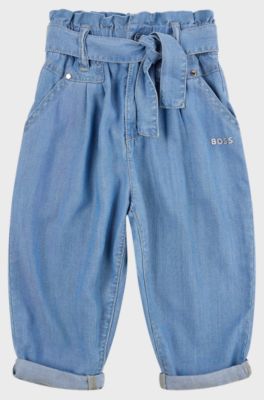 Kids' jeans with metallic logo and tie-up belt, Patterned