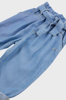 Kids' jeans with metallic logo and tie-up belt, Patterned