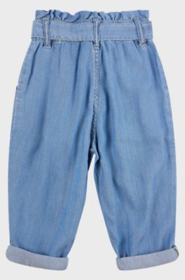 Kids' jeans with metallic logo and tie-up belt, Patterned