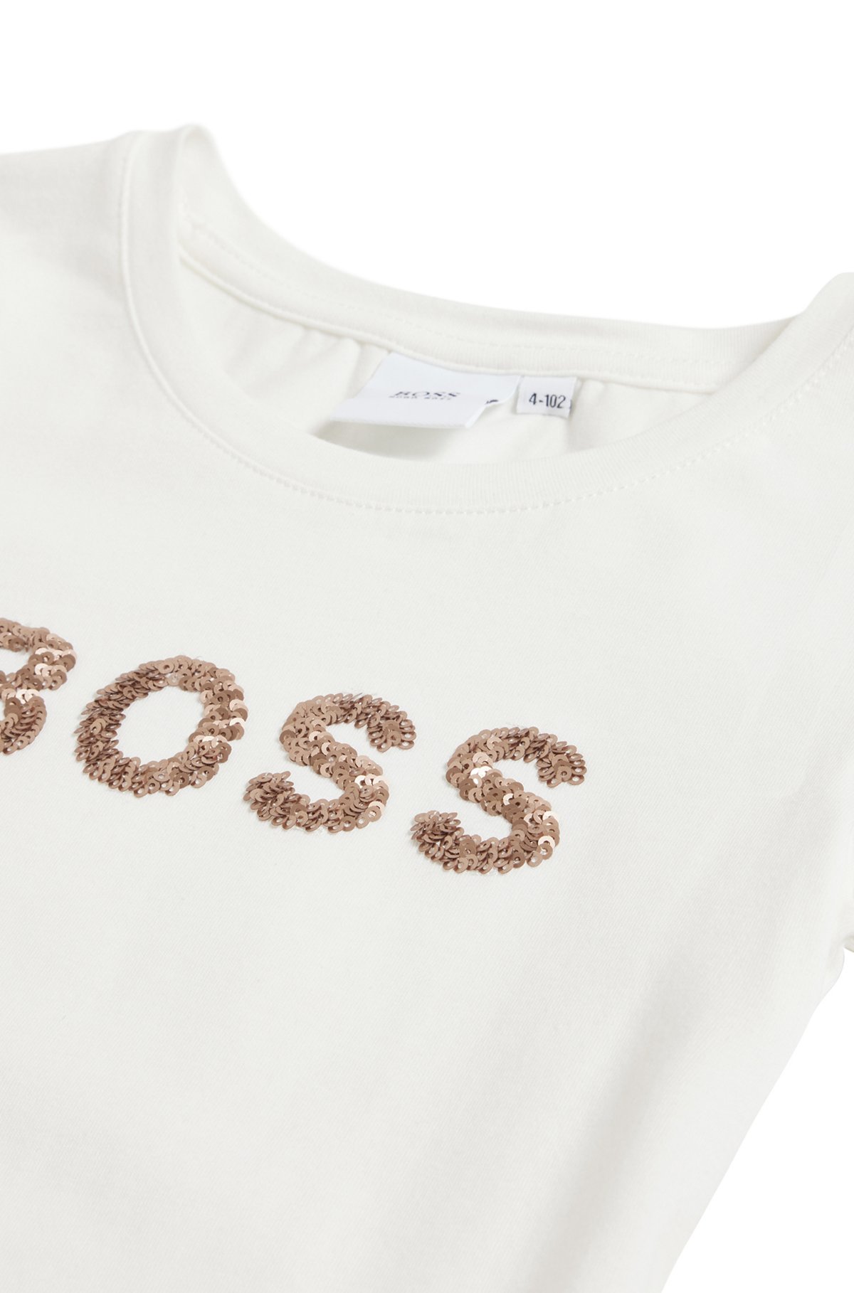 Camiseta de algodón elástico para niños con logo de lentejuelas, Blanco