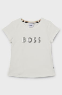 Kids' T-shirt in stretch cotton with logo print, Natural