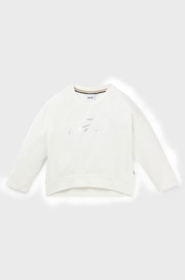 Kids' long-sleeved stretch-cotton T-shirt with logo print, Natural