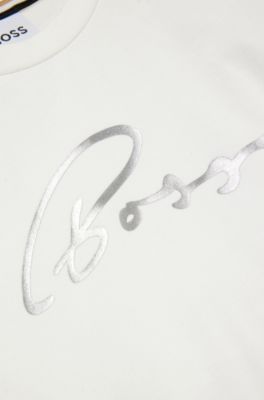 Kids' long-sleeved stretch-cotton T-shirt with logo print, Natural
