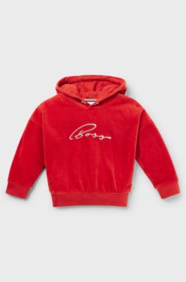 Kids' hoodie in cotton-blend velvet with handwritten logo, Red