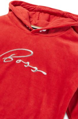 Kids' hoodie in cotton-blend velvet with handwritten logo, Red