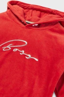 Kids' hoodie in cotton-blend velvet with handwritten logo, Red