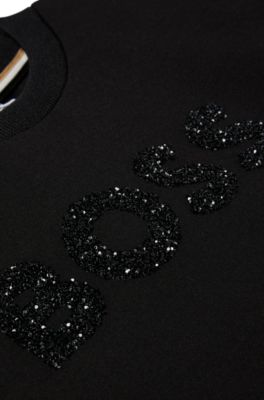 Kids' sweatshirt with glitter-effect logo and contrast piping, Black
