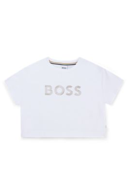 キッズ Tシャツ ストレッチコットン メタリックロゴプリント, ホワイト