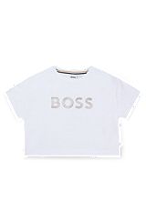 T-shirt voor kinderen van stretchkatoen met metallic logoprint, Wit