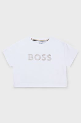 Kids' T-shirt in stretch cotton with metallic logo print, White