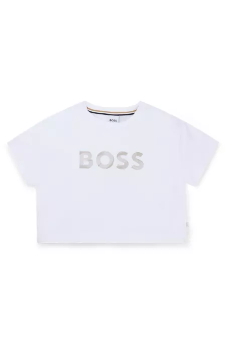 Camiseta de algodón elástico para niños con logo estampado metalizado