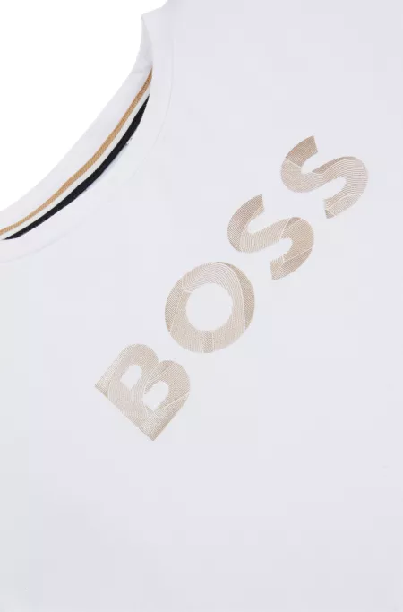 Camiseta de algodón elástico para niños con logo estampado metalizado