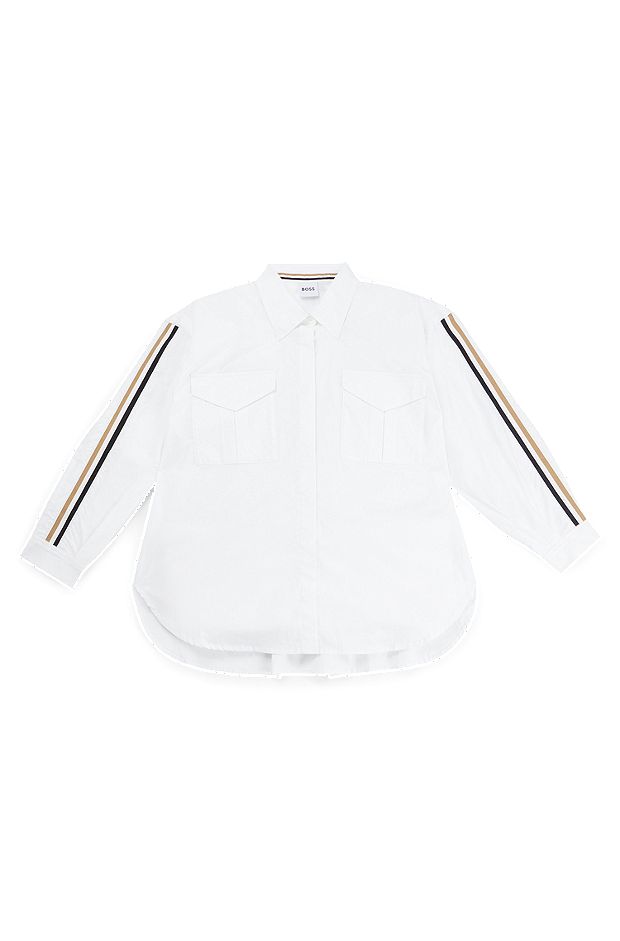 Camisa de popelín de algodón para niños con rayas de la marca en las mangas, Blanco
