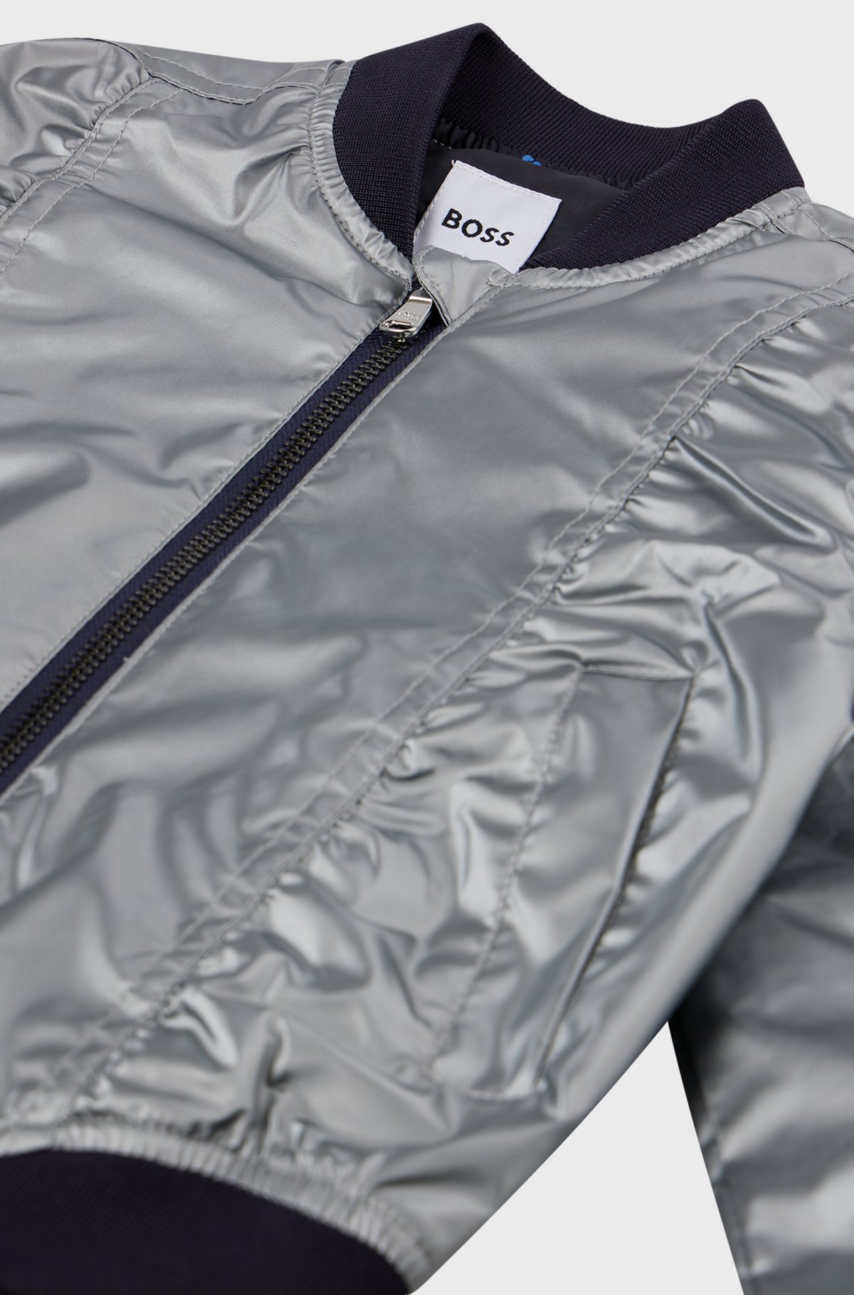 BOSS - Kids' metallic bomber jacket with contrast trims - Silver BOSS - Kids' metallic bomber jacket with contrast trims - Silver