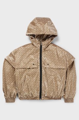 Kids' hooded windbreaker with monogram pattern, Beige