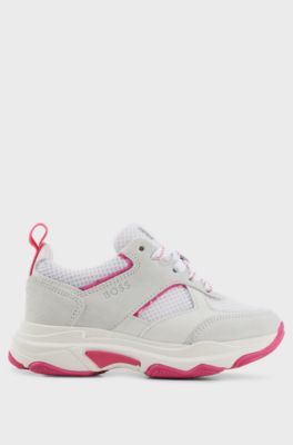 Kids' lace-up trainers in leather and mesh, White