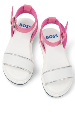 Kids' sandals in leather with embossed logo, White