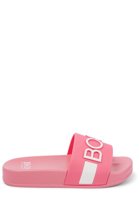 Kids' slides with stripe and 3D logo, Pink