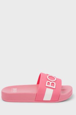 Kids' slides with stripe and 3D logo, Pink