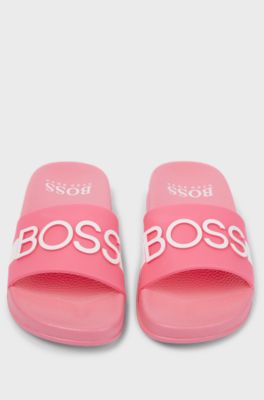 Kids' slides with stripe and 3D logo, Pink