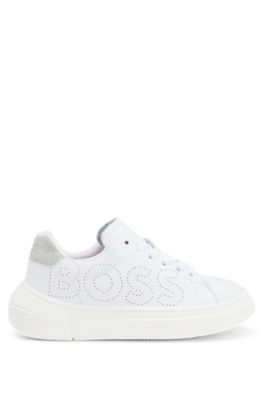 Kids' leather trainers with perforated logo and contrast details, White