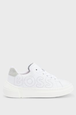 Kids' leather trainers with perforated logo and contrast details, White