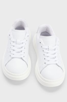 Kids' leather trainers with perforated logo and contrast details, White