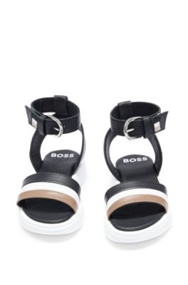 Sandali per bambini in pelle con righe tipiche del marchio, Nero