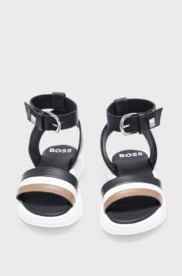 Kids' leather sandals with signature stripes, Black
