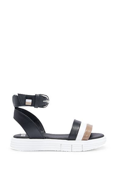 Kids' leather sandals with signature stripes, Black